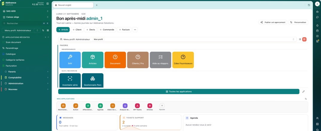 L'accueil d'ADDvance 9.2.30 : menu, favoris et panneaux de droite