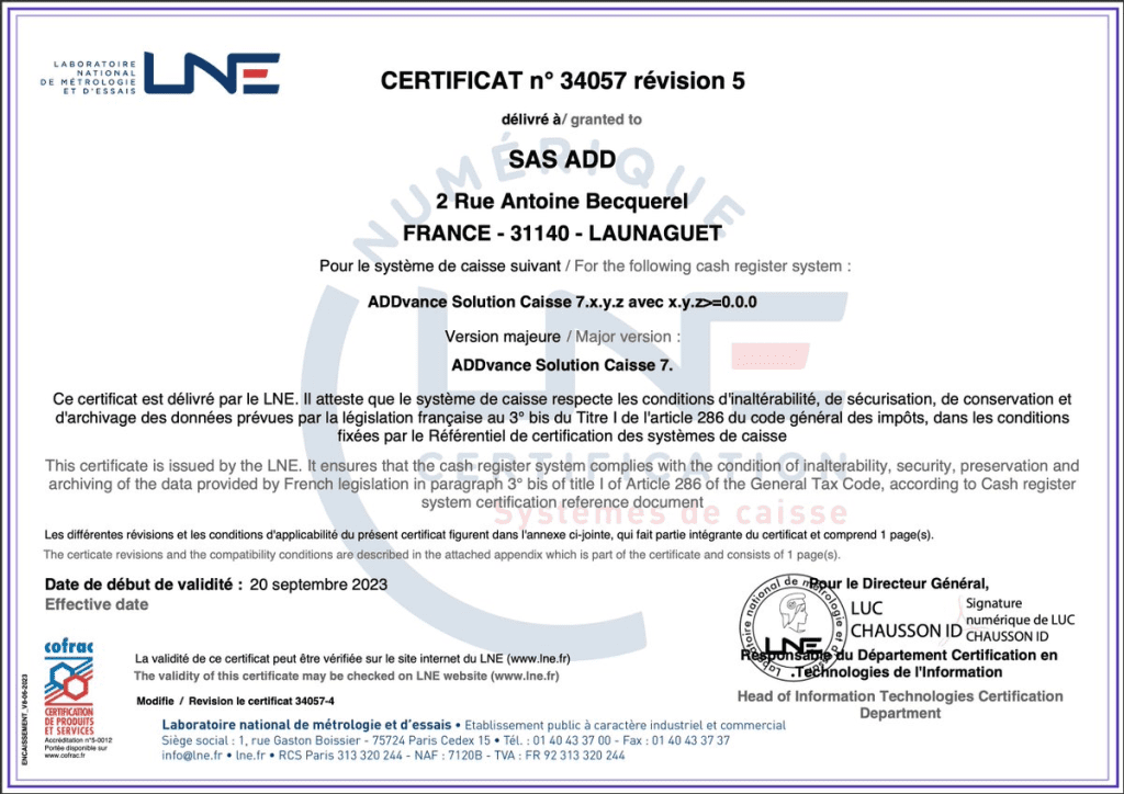 Certification LNE ADD INFORMATIQUE